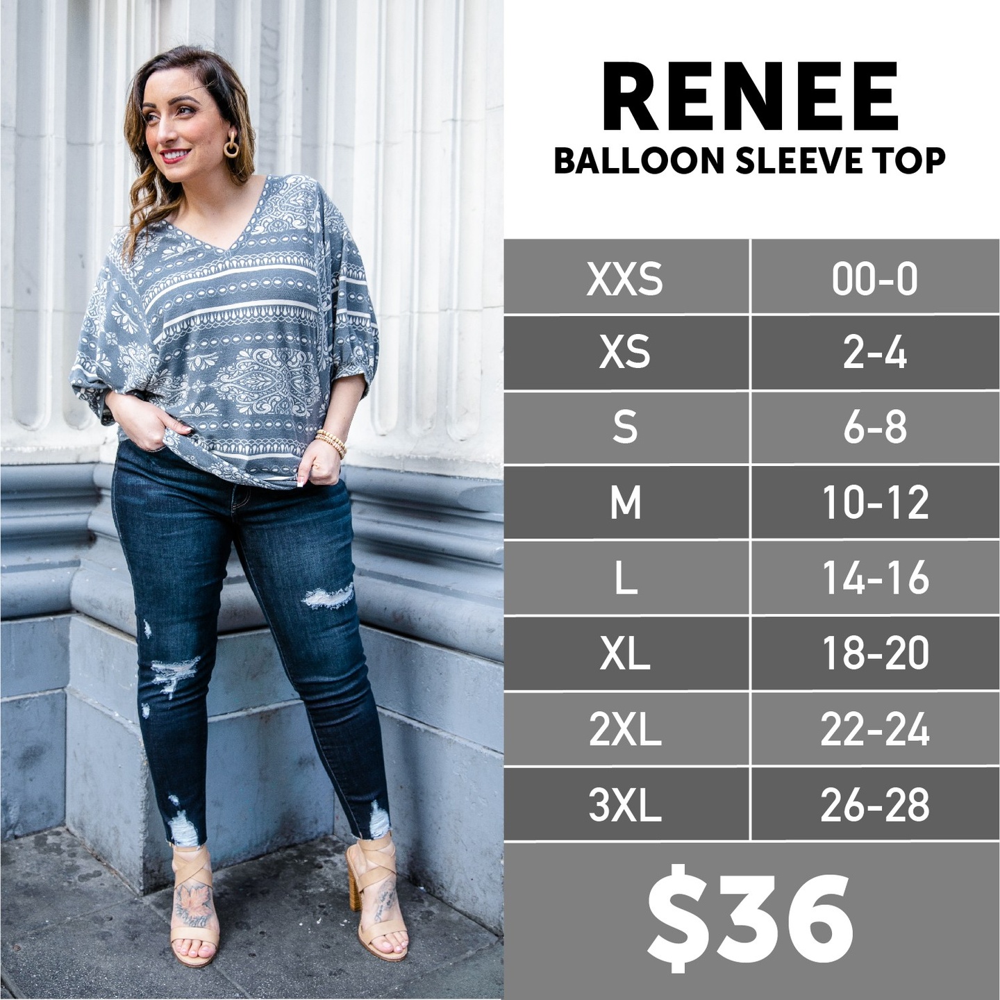 Lularoe Renee Balloon Sleeve Top Size Chart