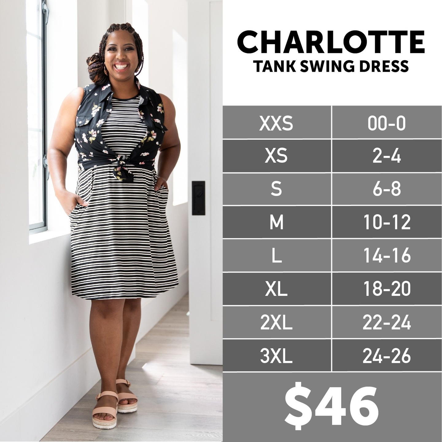 Lularoe CHARLOTTE TANK SWING DRESS Size Chart